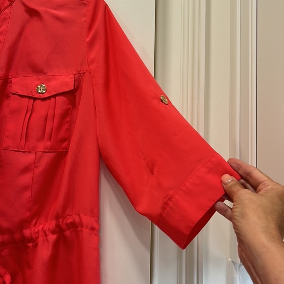 ECI Silky Coral Pink V Neck Office Dress with Belt at Waist sz.10 - Picture 4 of 5